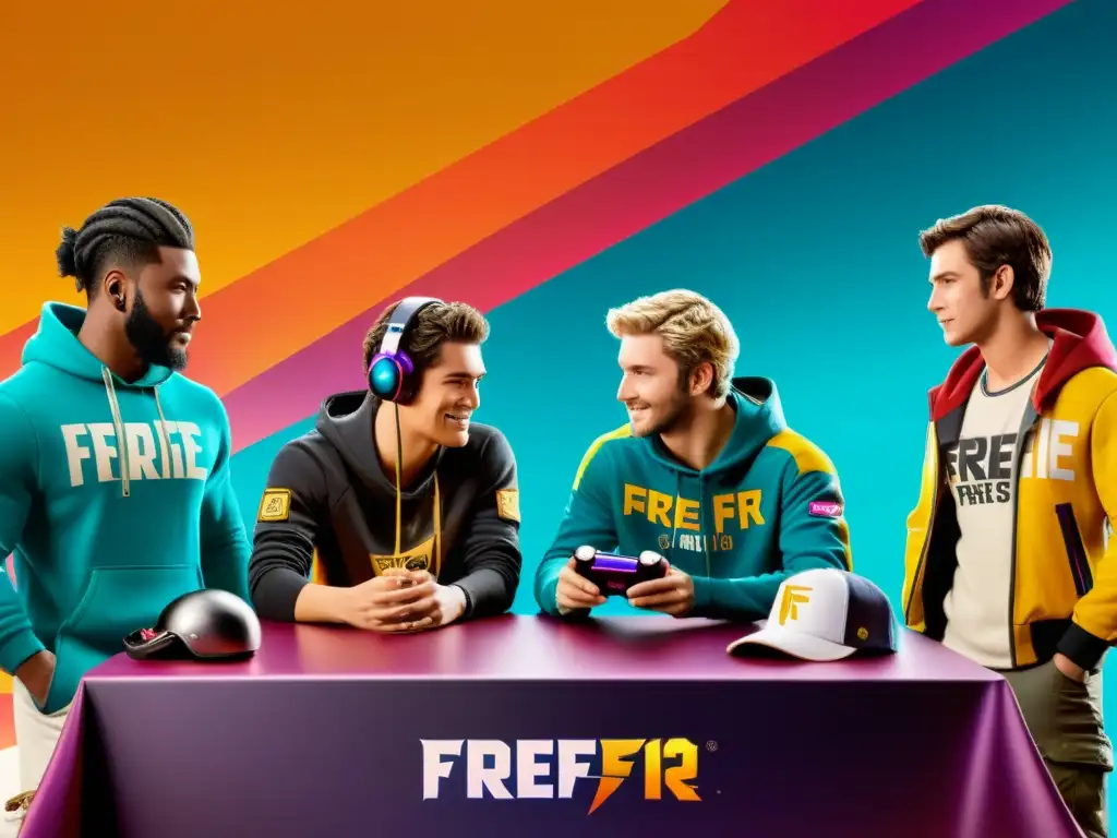 Un grupo de jugadores de Free Fire emocionados desempacando productos codiciados, creando comunidad en torno al juego