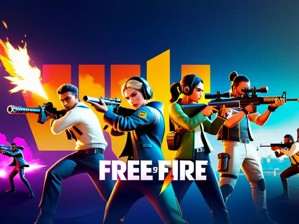 Batalla épica de Free Fire: adrenalina y estrategia en acción Grupo de jugadores en un intenso evento de Free Fire, estrategizando y compitiendo en un emocionante y dinámico entorno del juego