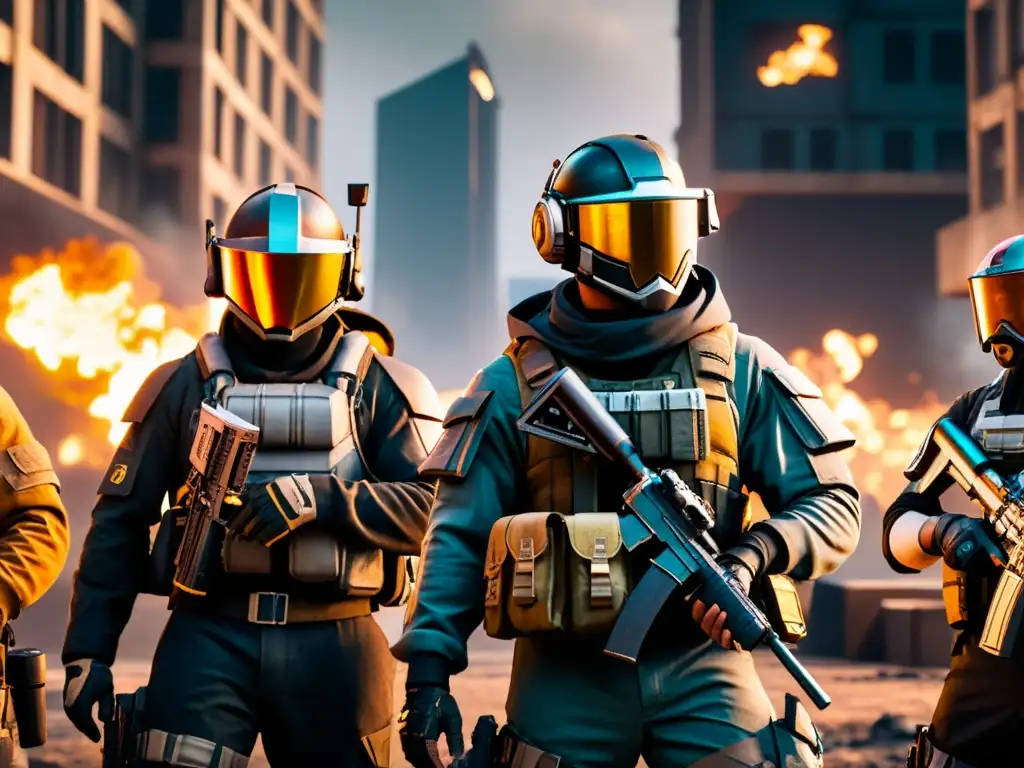 Jugadores de FreeFire en paisaje postapocalíptico Grupo de jugadores de FreeFire estrategizando en un paisaje urbano postapocalíptico, con detalles futuristas y vigilancia