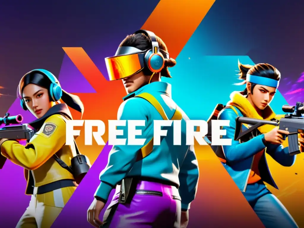 Batalla futurista en Free Fire: estrategia y acción Un grupo de jugadores de Free Fire, vestidos con trajes vibrantes y futuristas, libran una intensa batalla en un entorno visualmente impactante