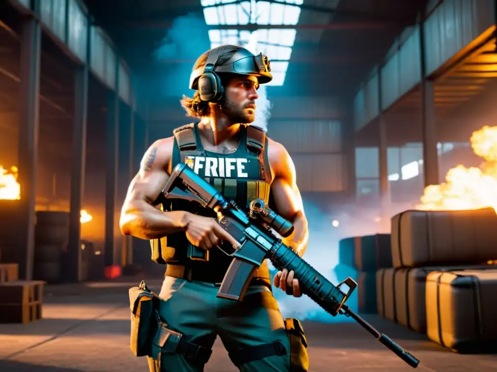 Soldado de Free Fire en almacén oscuro con rifle de asalto Un guerrero en Free Fire, listo para la batalla, con las mejores combinaciones de armas, en un almacén sombrío y lleno de humo