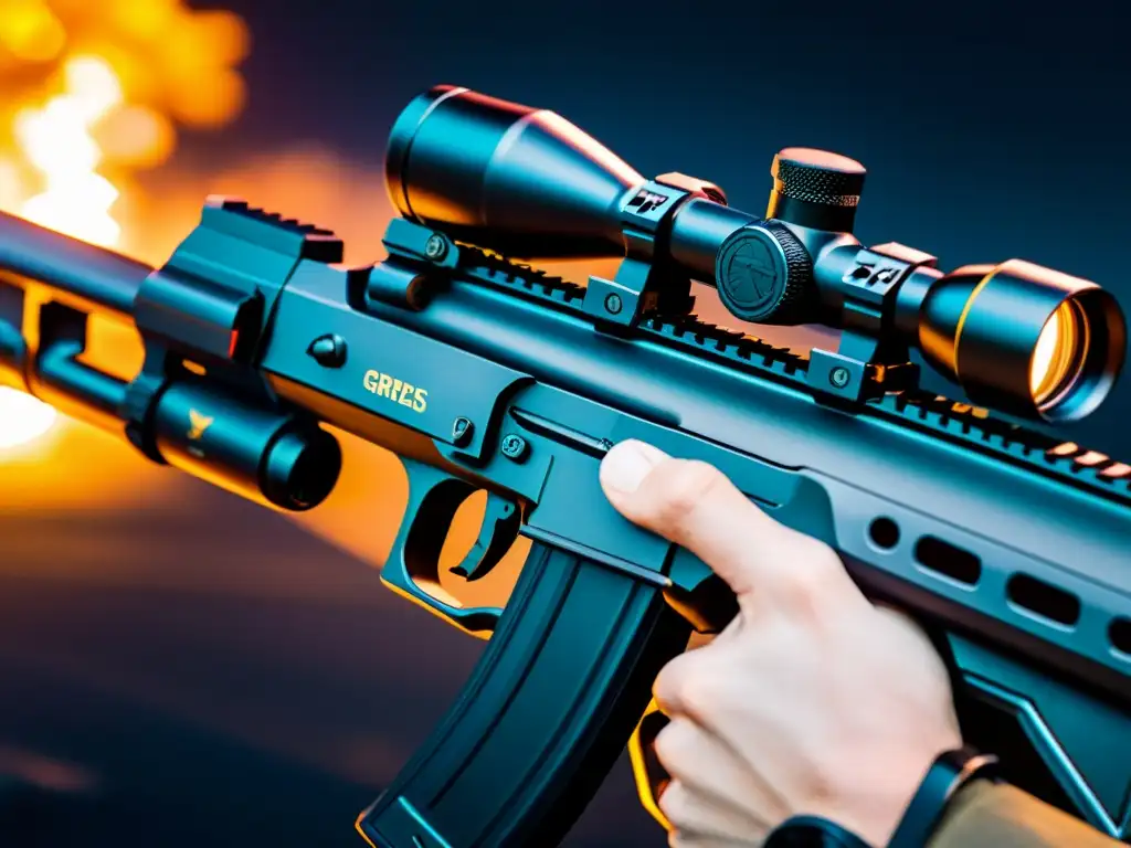 Manos expertas en rifle de asalto en Free Fire Las habilidosas manos de un jugador sujetando un rifle personalizado en Free Fire, destacando los detalles de las modificaciones