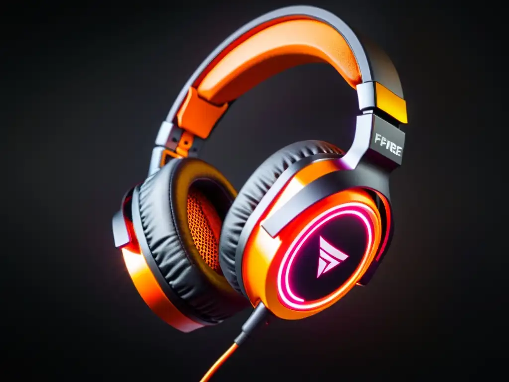 Auriculares Gaming FreeFire: Sofisticación y Calidad Imagen de auriculares gaming negros con detalles en naranja brillante, iluminados por detrás