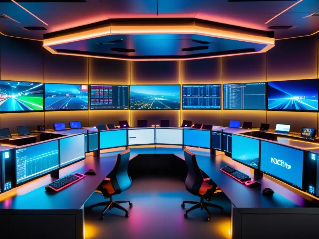Una imagen en 8K de un centro de operaciones de red (NOC) para servidores de juegos, con ingenieros monitoreando pantallas y analizando datos