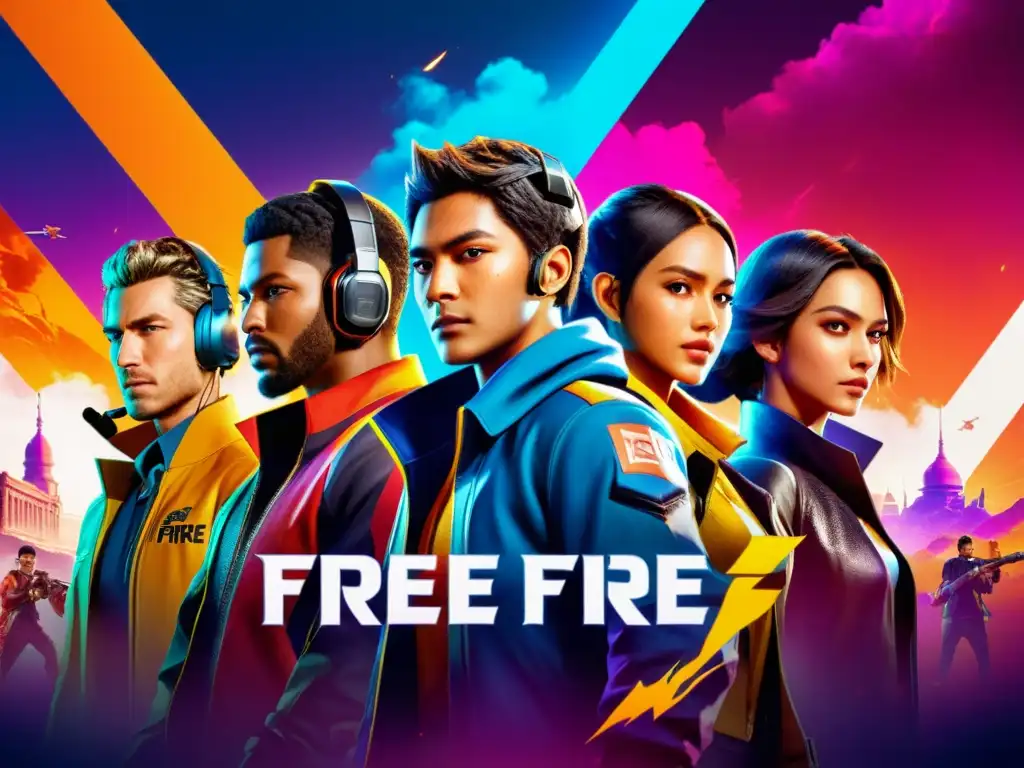 Combate vibrante: Jugadores de Free Fire en acción Imagen impactante de jugadores de Free Fire colaborando en un evento, mostrando camaradería y estrategia en un ambiente vibrante y futurista