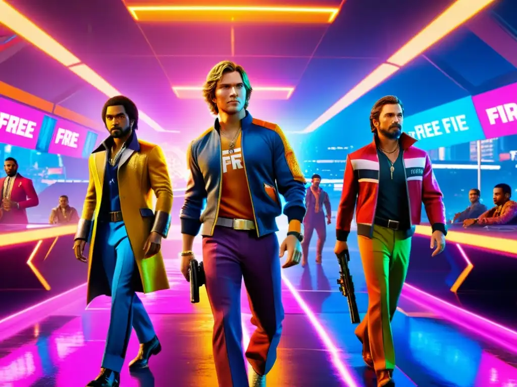 Imagen impactante de los nuevos personajes de Free Fire mostrando habilidades únicas en un escenario futurista con efectos visuales deslumbrantes