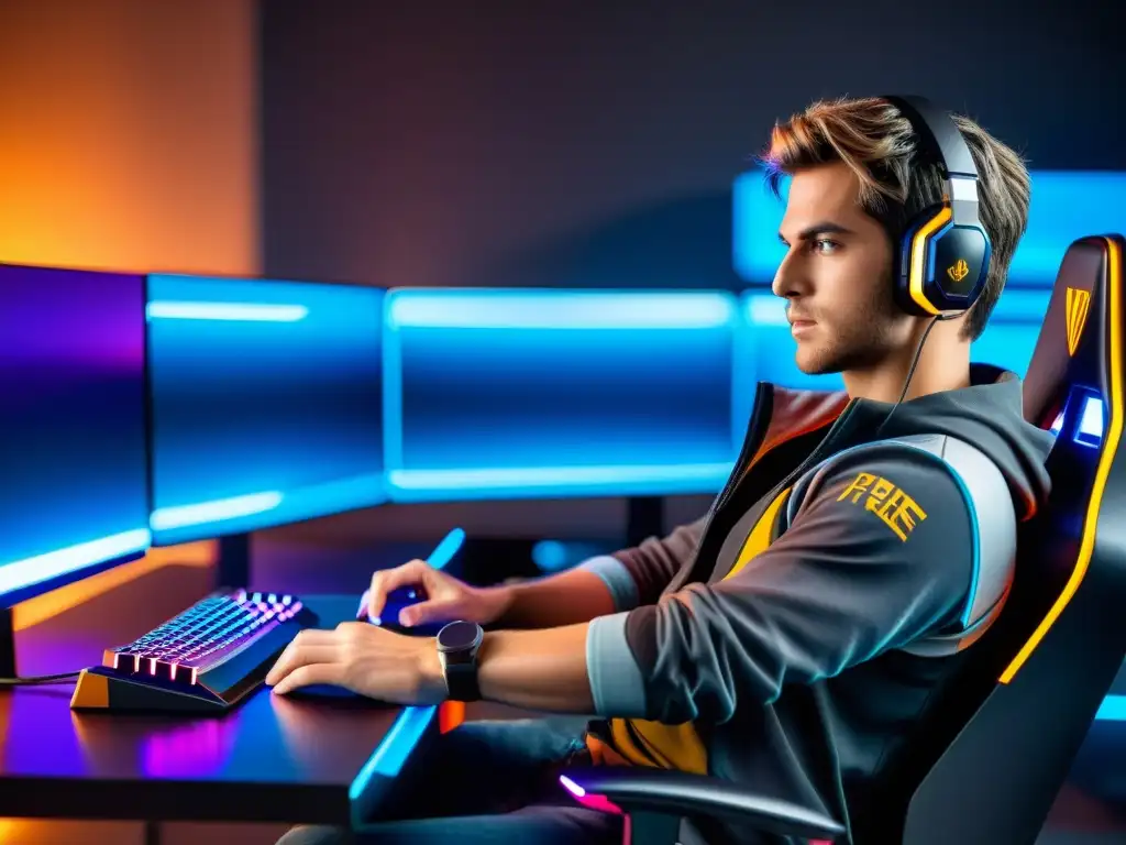 Maestro de Free Fire en silla gamer 8k Imagen 8k de jugador profesional de Free Fire concentrado en su setup gaming, con las mejores configuraciones control Free Fire
