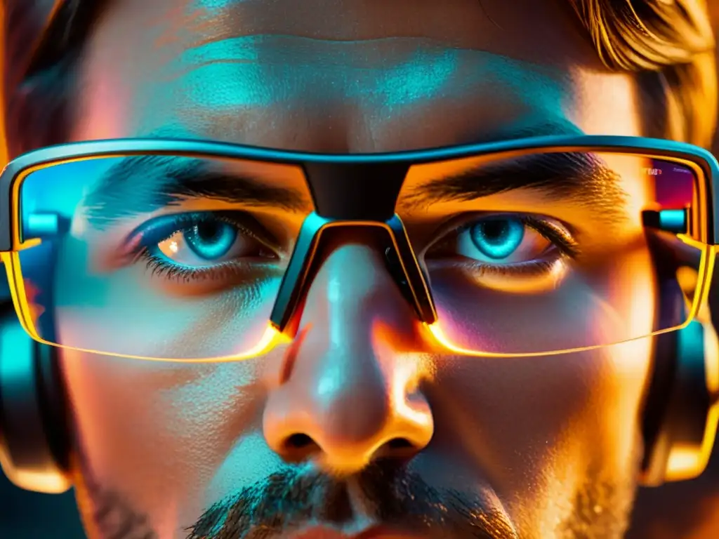 Mirada intensa con gafas de juego en Free Fire La imagen muestra unos ojos concentrados detrás de unas gafas de juego, reflejando la pantalla de Free Fire