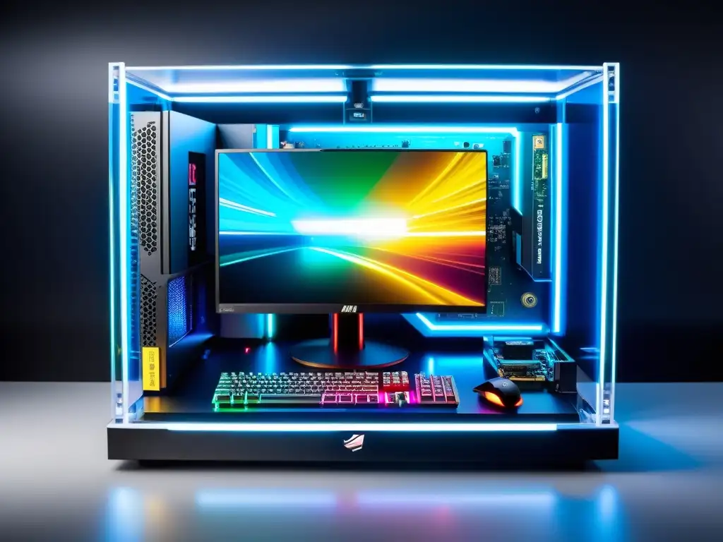 Setup de juego de alta gama: gráficos y monitor 8k Una impresionante configuración de juegos de alta gama con tarjeta gráfica en estuche transparente iluminado con RGB