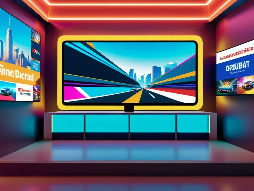 Entorno de juego de realidad virtual con publicidad nativa integrada Una impresionante integración de publicidad nativa en gaming, con un entorno futurista de realidad virtual y modernos anuncios digitales