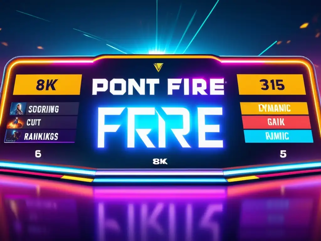Tablero de Puntuación Futurista en Free Fire Una impresionante interfaz futurista del sistema de puntuación Free Fire, con gráficos brillantes y detalles intrincados en 8k