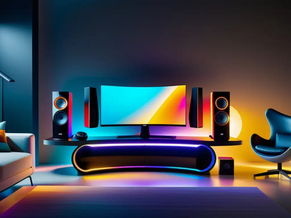 Setup de juego futurista en espacio minimalista Integración de publicidad nativa en gaming: Futurista setup de juego con consolas, monitores curvos y luces LED vibrantes en un espacio contemporáneo