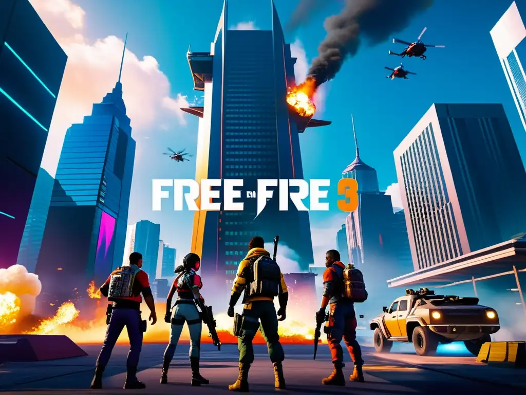 Intensa batalla en Free Fire entre rascacielos futuristas, resalta la unión de jugadores y estrategia de equipo