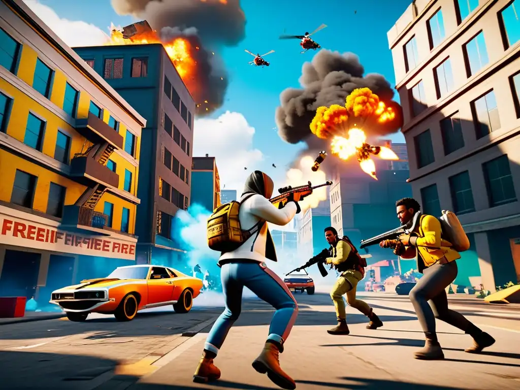 Batalla urbana intensa en Free Fire: acción vibrante y realismo Intensa batalla urbana en Free Fire con jugadores estratégicamente posicionados entre explosiones y disparos