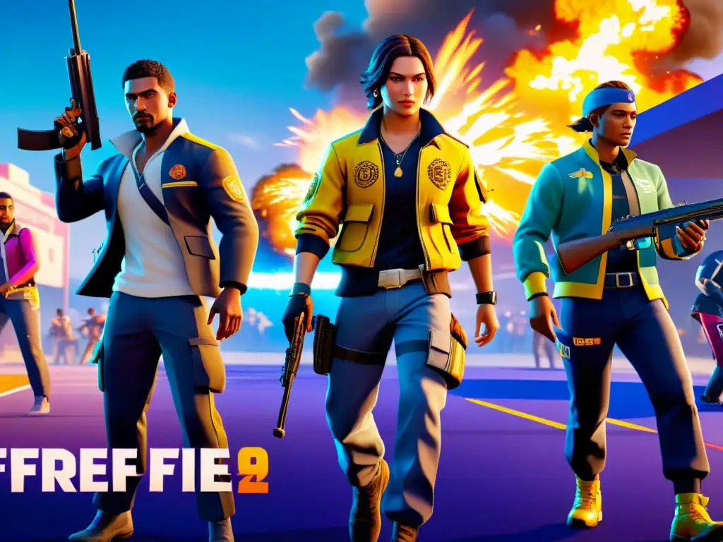 Intenso enfrentamiento en Free Fire: jugabilidad vibrante y detallada Intensa competencia y acción en vivo mejoran juego eventos Free Fire con personajes detallados y entorno visual impresionante