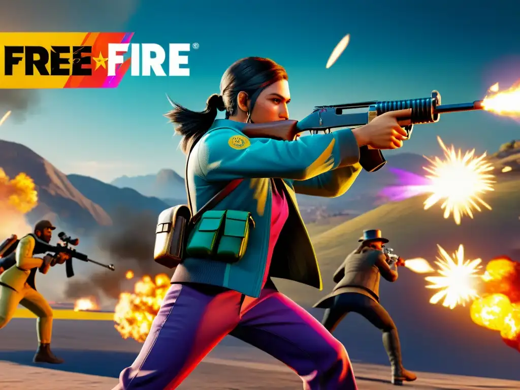 Batalla épica en Free Fire: Nueva meta en 8k Intensa ilustración 8K de Free Fire con el impacto de las actualizaciones en el meta, mostrando acción y colores vibrantes en una batalla competitiva