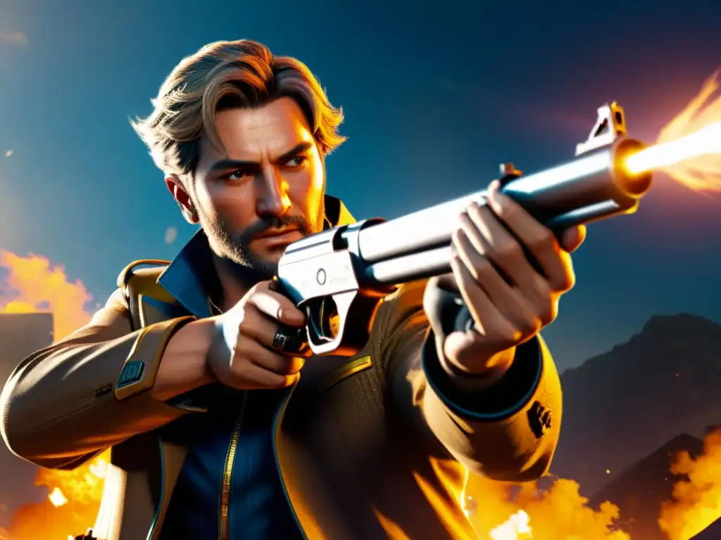 Arma nueva en acción: detalle y emoción en Free Fire Un intenso análisis de armas en Free Fire con un personaje sosteniendo el nuevo arma, destacando detalles y texturas, y una iluminación dramática