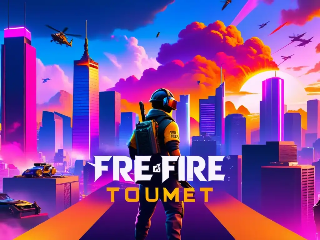 Intenso torneo de Free Fire: acción urbana y caos Intenso torneo de Free Fire en una ciudad futurista con jugadores estratégicos y vibrante acción para mejorar juego eventos Free Fire