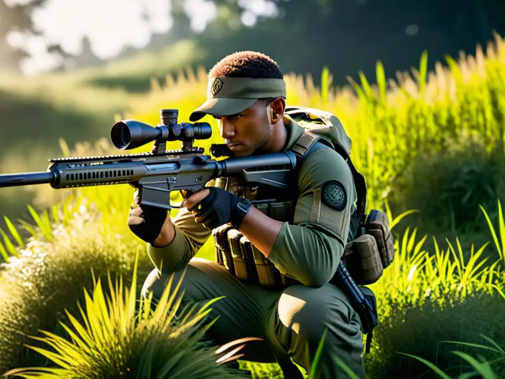Un jugador agazapado en la hierba alta, enfocado y listo con un rifle de francotirador en un entorno de sigilo en FreeFire