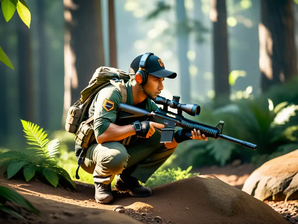 Jugador en acción: sniper en la selva de FreeFire Jugador en la densa selva de FreeFire, con estrategias seguras en mente, listo para el combate con rifle de francotirador