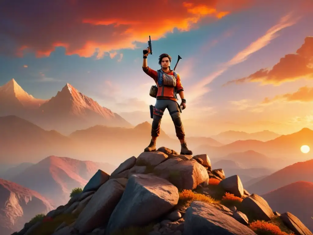 Triunfo épico en Free Fire: jugador conquista cumbre al atardecer Un jugador determinado en la cima de una montaña rocosa, con el atardecer iluminando su pose victoriosa