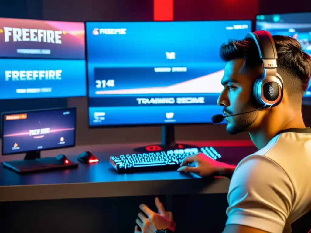 Entrenamiento intenso en FreeFire: dedicación y enfoque en acción Jugador enfocado en rutinas diarias para mejorar habilidades FreeFire, rodeado de pantallas y equipo de juego moderno