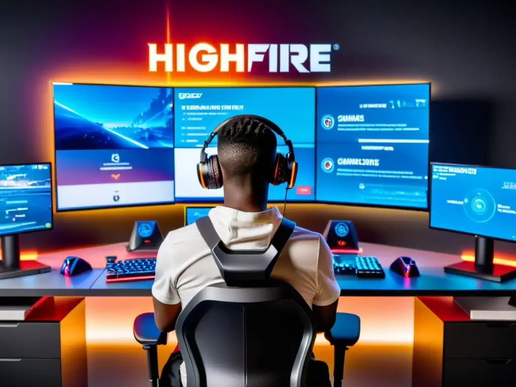 Maestría en Free Fire: Concentración y Estrategia en Gaming Profesional Un jugador experto de Free Fire en una configuración de juego profesional, con monitores múltiples y notas estratégicas en el fondo