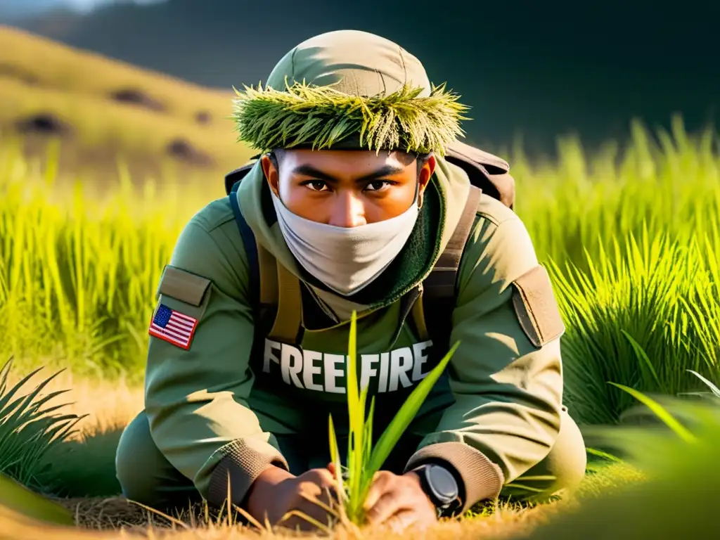 Camuflaje perfecto en FreeFire: estrategia y sigilo Jugador de FreeFire oculto en pasto alto, usando un traje de camuflaje ghillie