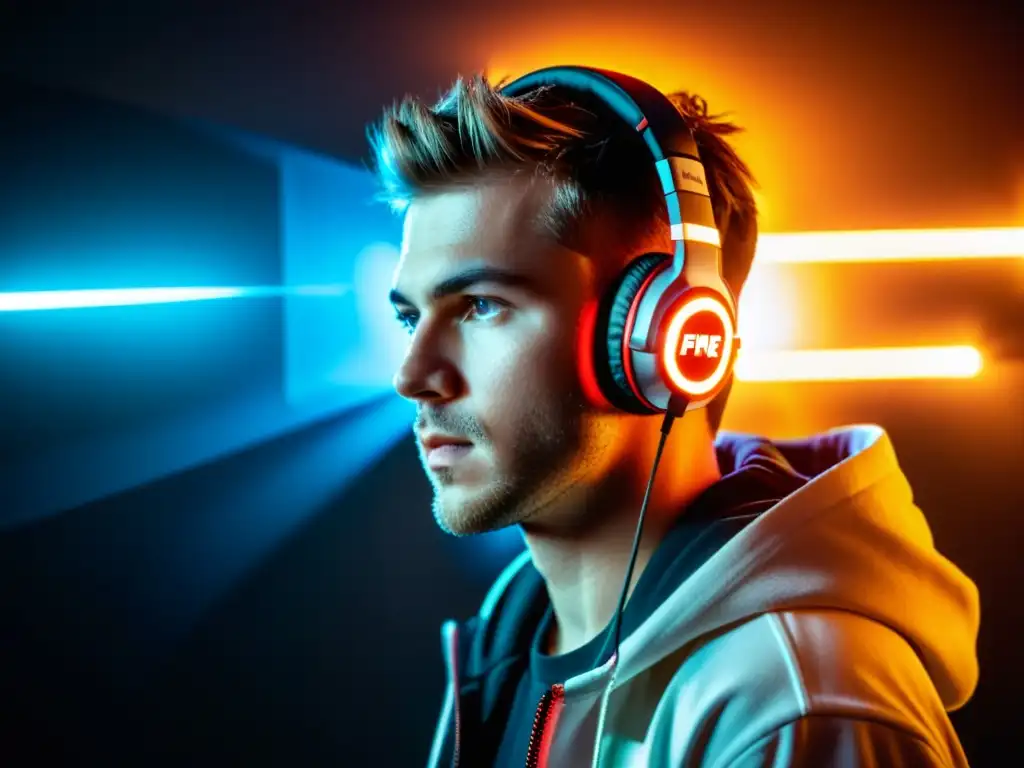 Un jugador profesional de Free Fire concentrado con auriculares cableados