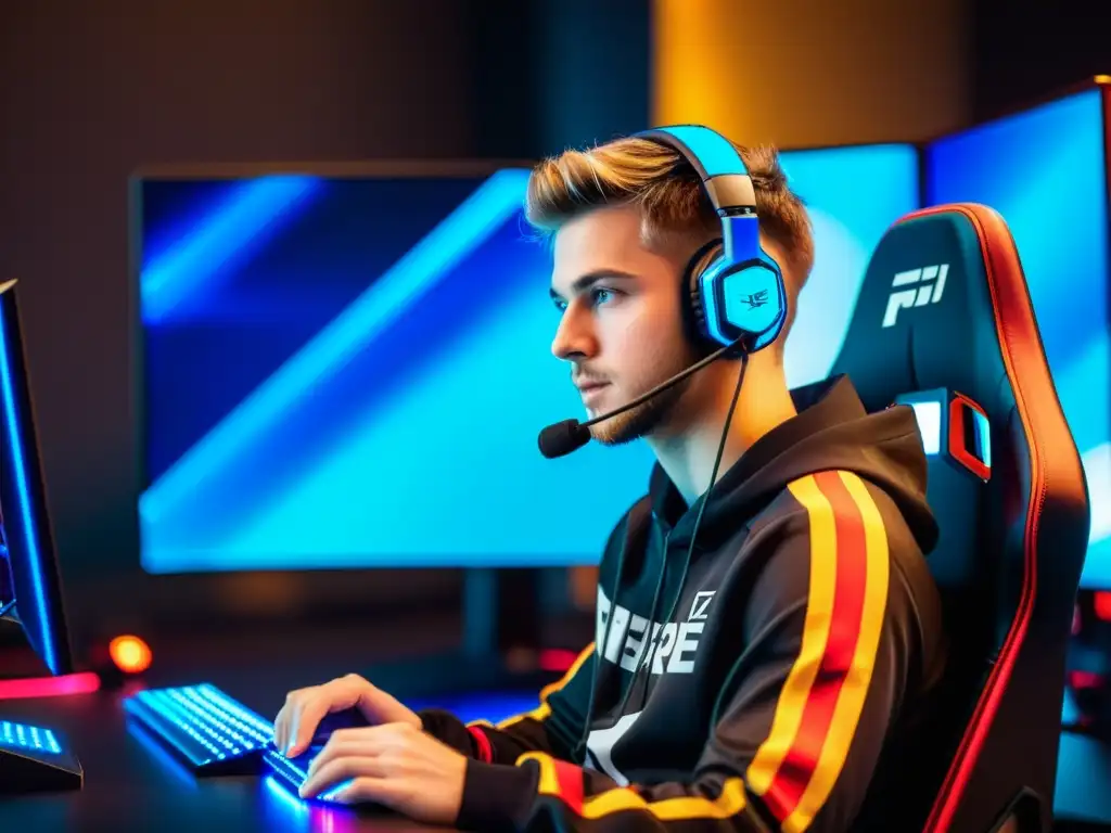 Jugador profesional de Free Fire en un ambiente de juego de vanguardia Un jugador profesional de esports compite en un torneo de Free Fire con las mejores configuraciones control