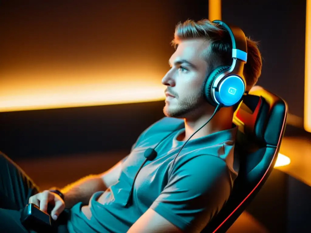 Un jugador profesional de Free Fire concentradísimo, usando los mejores auriculares inalámbricos, inmerso en el juego