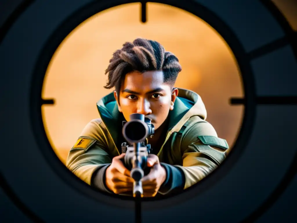 Maestro de la infiltración en Free Fire: acechando en las sombras Un jugador hábil se agacha en las sombras, observando a través del rifle de francotirador a sus enemigos