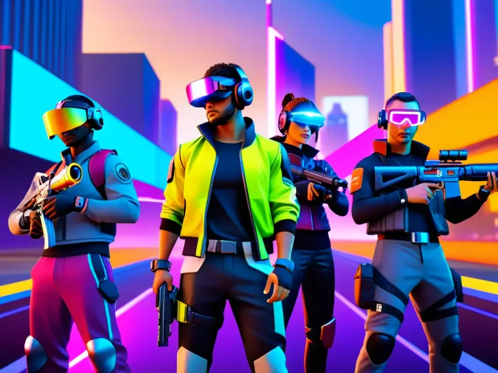 Jugadores de Free Fire en paisaje futurista con accesorios top 10 2023 Jugadores de Free Fire lucen accesorios destacar Free Fire 2023 en paisaje urbano futurista y moderno, con visores y armaduras personalizadas