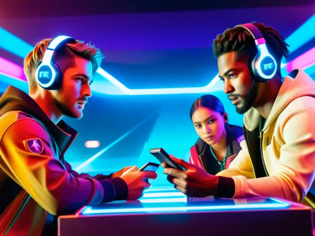 Jugadores de Free Fire en la actualización, concentrados en la estrategia en un escenario futurista y vibrante