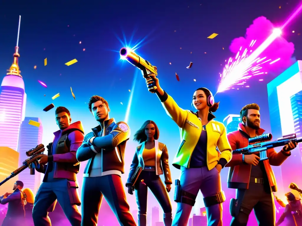 Batalla de Free Fire: Celebración en la Ciudad Futurista Jugadores de Free Fire celebrando en la batalla con confeti y armas, en un escenario futurista vibrante
