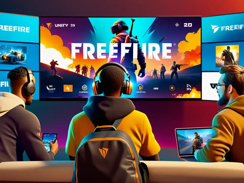 Experiencia de juego unificada en FreeFire: Gamers diversos en acción Jugadores diversos unidos en pantalla central con FreeFire, unificando experiencia de marca en dispositivos