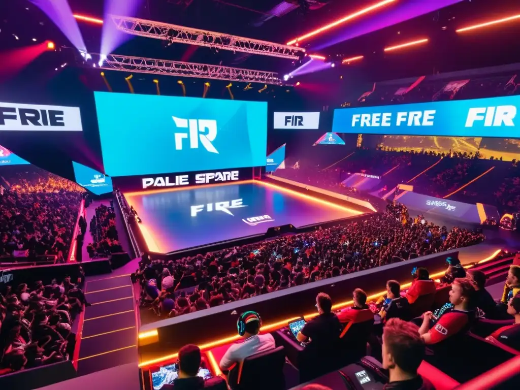 Unión de jugadores en Free Fire compitiendo en un evento esports futurista con luces neón y público animado
