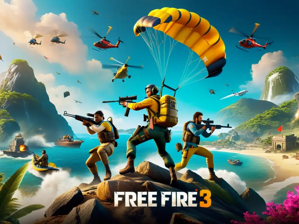 Jugadores de Free Fire aterrizando en la isla con tácticas de inicio de partida, listos para la batalla en un ambiente intenso y vibrante