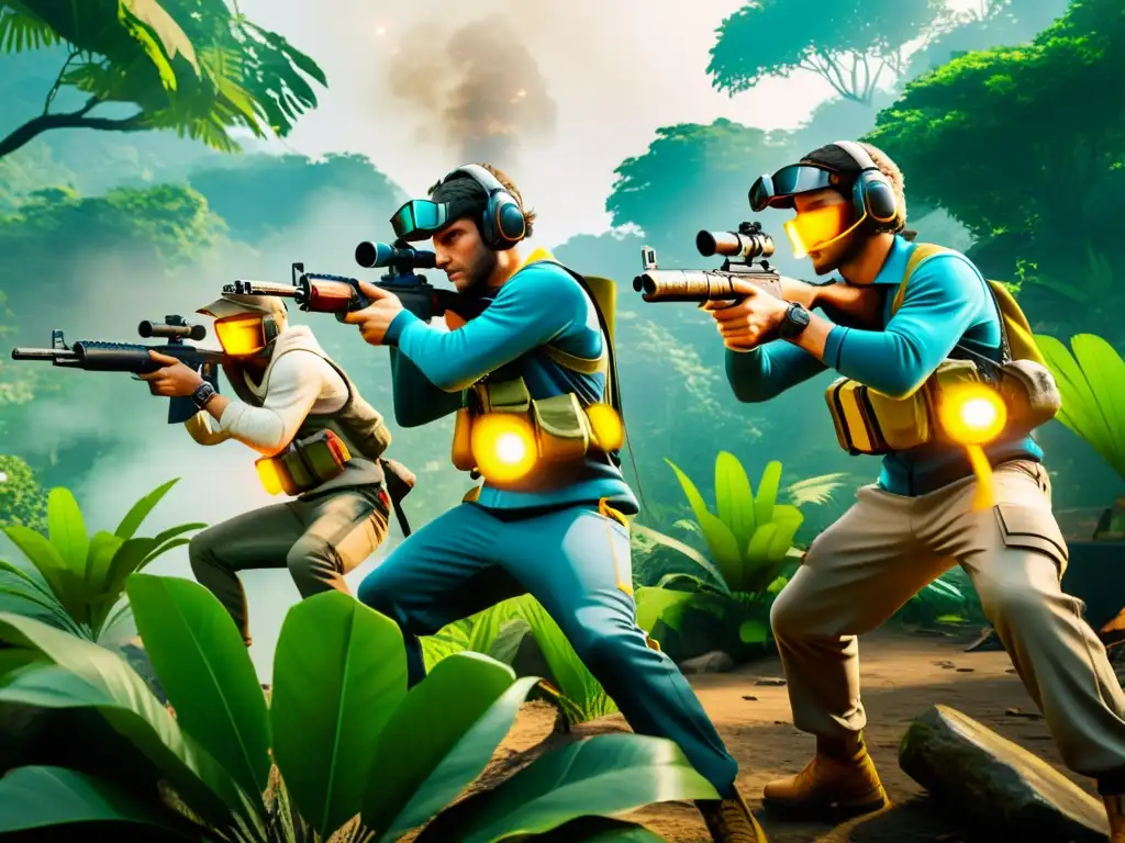 Batalla psicológica en la jungla de Free Fire Jugadores de Free Fire en la jungla, estratégicos y concentrados, usando técnicas psicológicas para intimidar en el juego