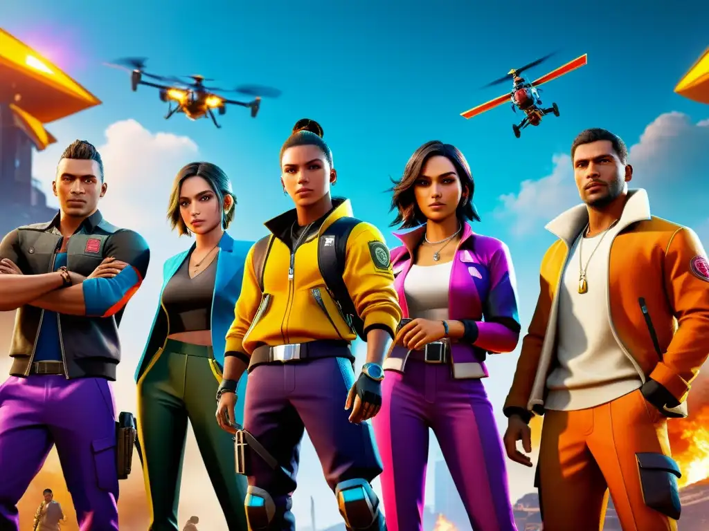 Jugadores de Free Fire en acción: Estrategia y colaboración en 8K Jugadores de Free Fire colaborando en vibrante paisaje urbano, mostrando impacto de colaboraciones comunidad Free Fire