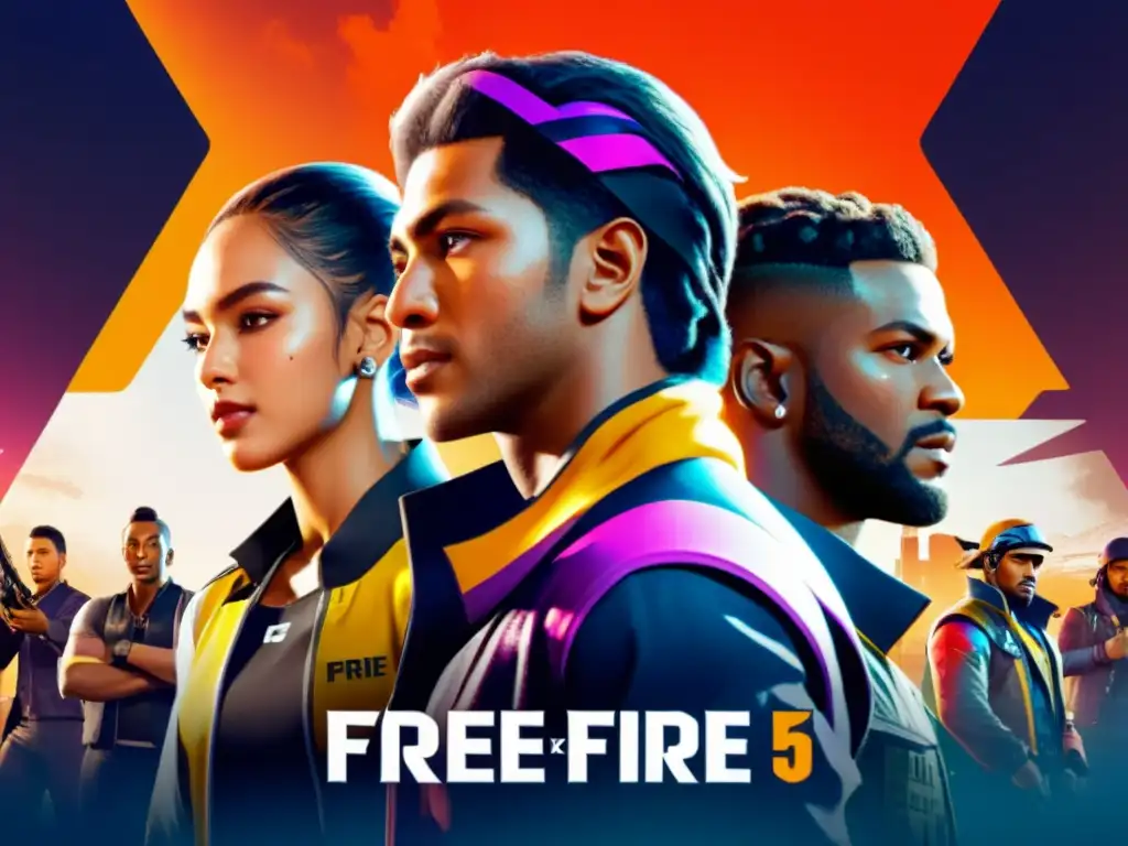 Unión de jugadores en Free Fire estrategizando y celebrando una victoria, con rostros iluminados por las pantallas en un entorno urbano futurista