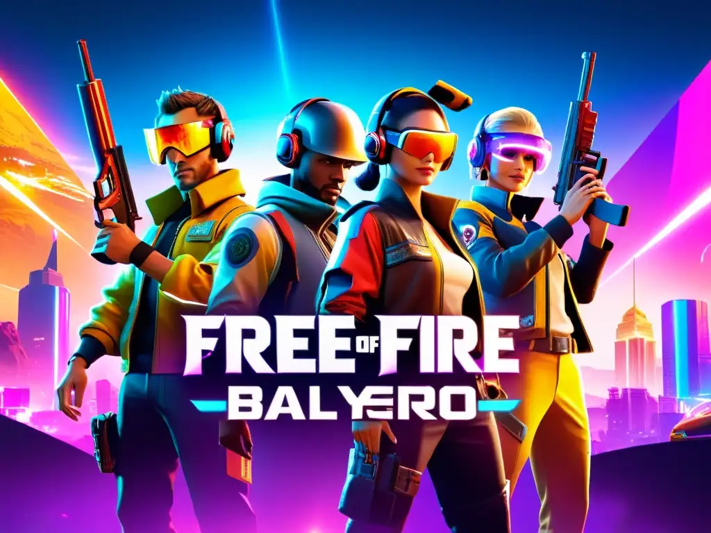 Triunfo en Free Fire: Celebración en el Futuro Jugadores de Free Fire celebrando su victoria en un vibrante y futurista campo de batalla virtual, rodeados de recompensas de neón brillante