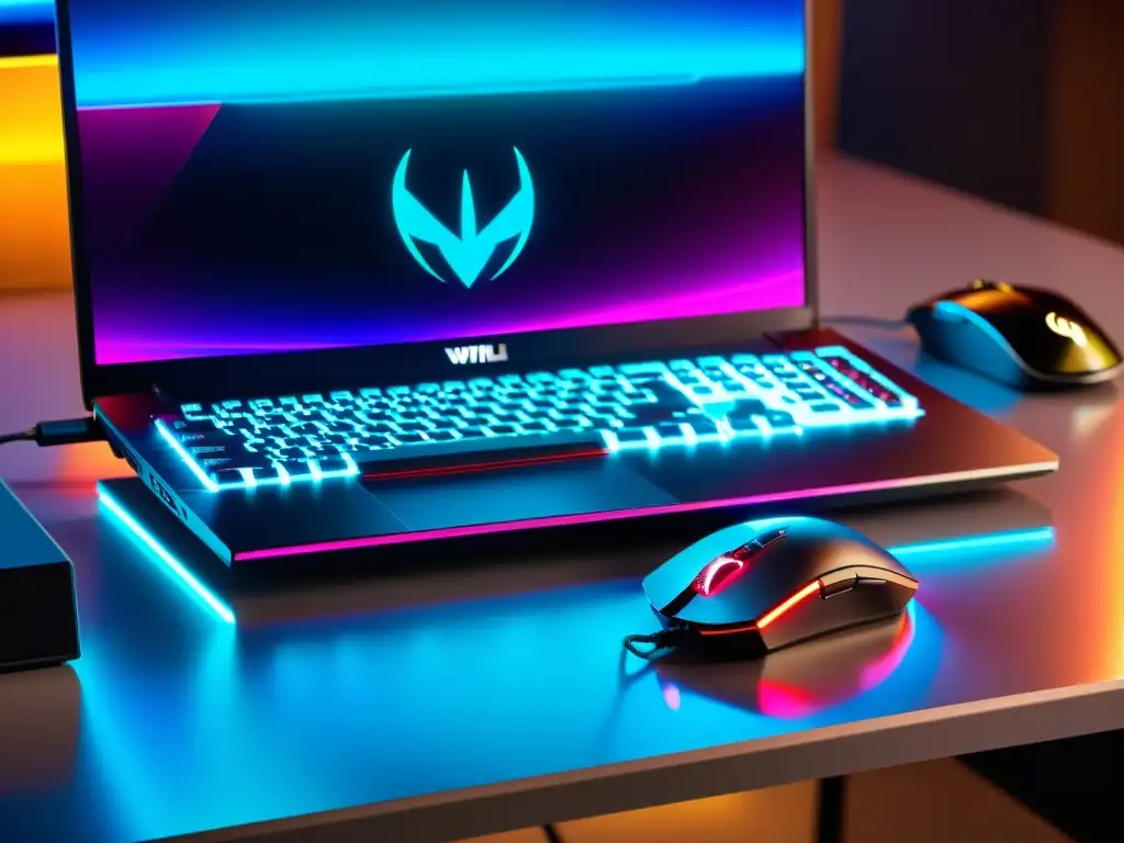 Portátil gaming de alta gama con accesorios premium Una laptop gaming moderna conectada a un cargador de alto rendimiento con indicador de carga completa, rodeada de accesorios gaming premium
