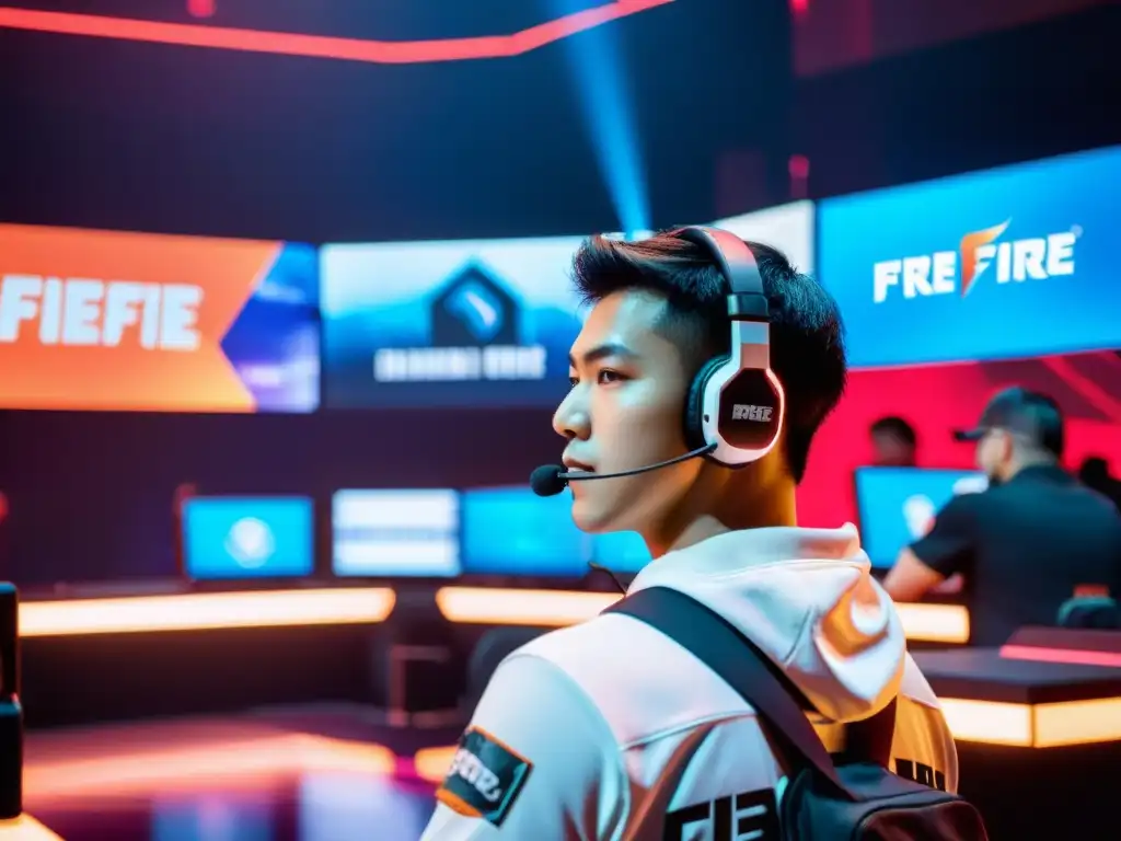 Comandante de equipo en competición de eSports FreeFire Un líder en la competencia de FreeFire eSports, dirige con determinación y precisión a su equipo en una arena futurista llena de emoción