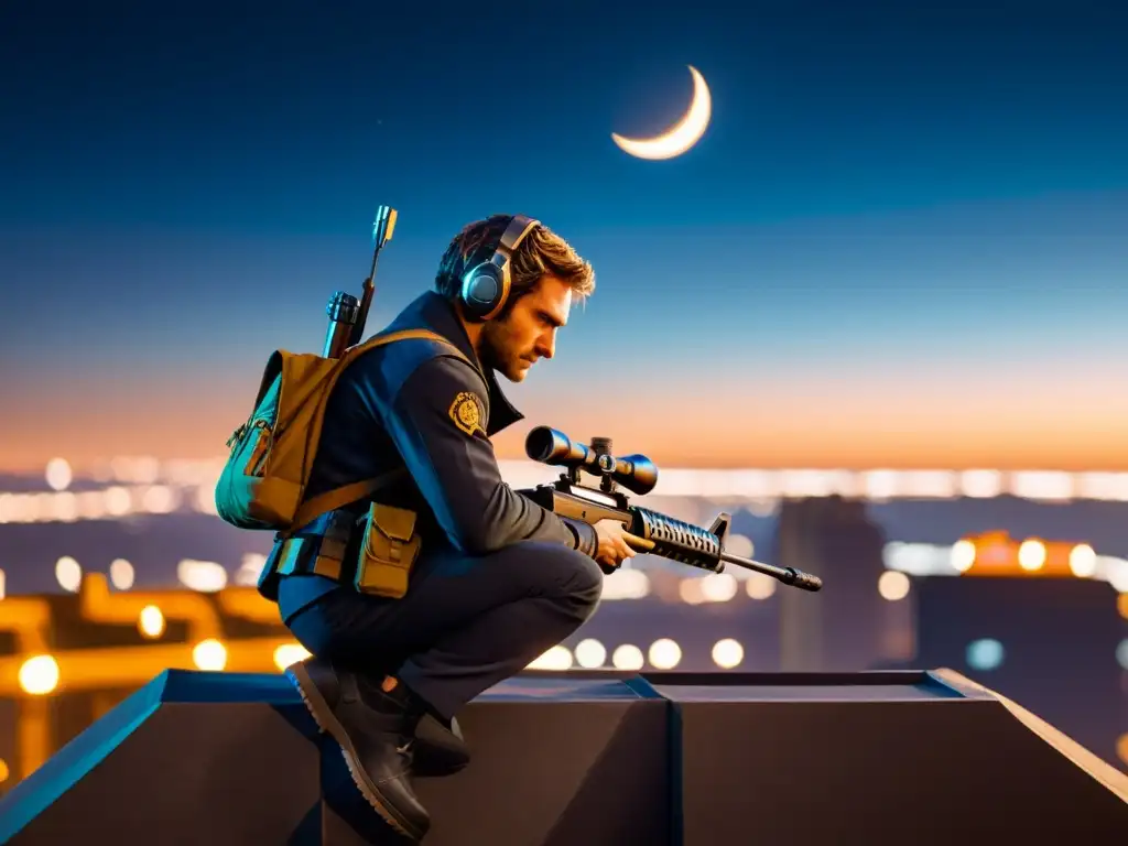 Agente sigiloso en acción nocturna en la ciudad de Free Fire Un maestro de las técnicas de infiltración en Free Fire, acechando en la oscuridad de la noche urbana, armado y listo para la acción