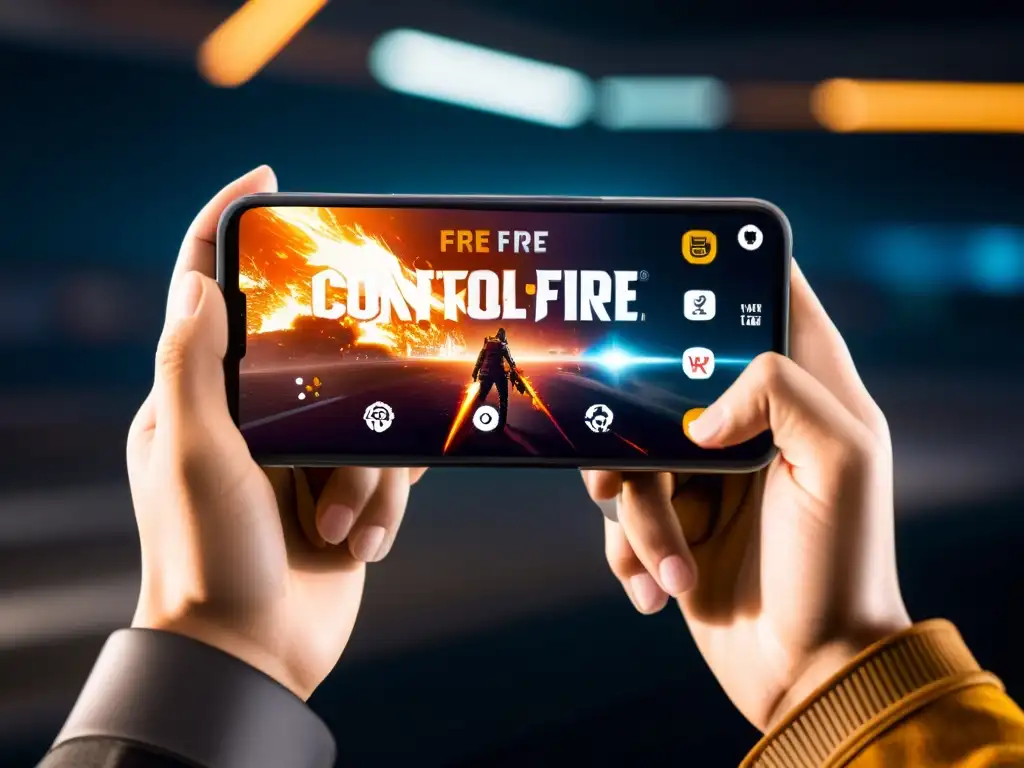 Configuración detallada de Free Fire en smartphone Mano firme sostiene smartphone con mejores configuraciones control Free Fire, destacando detalles nítidos y atmósfera profesional