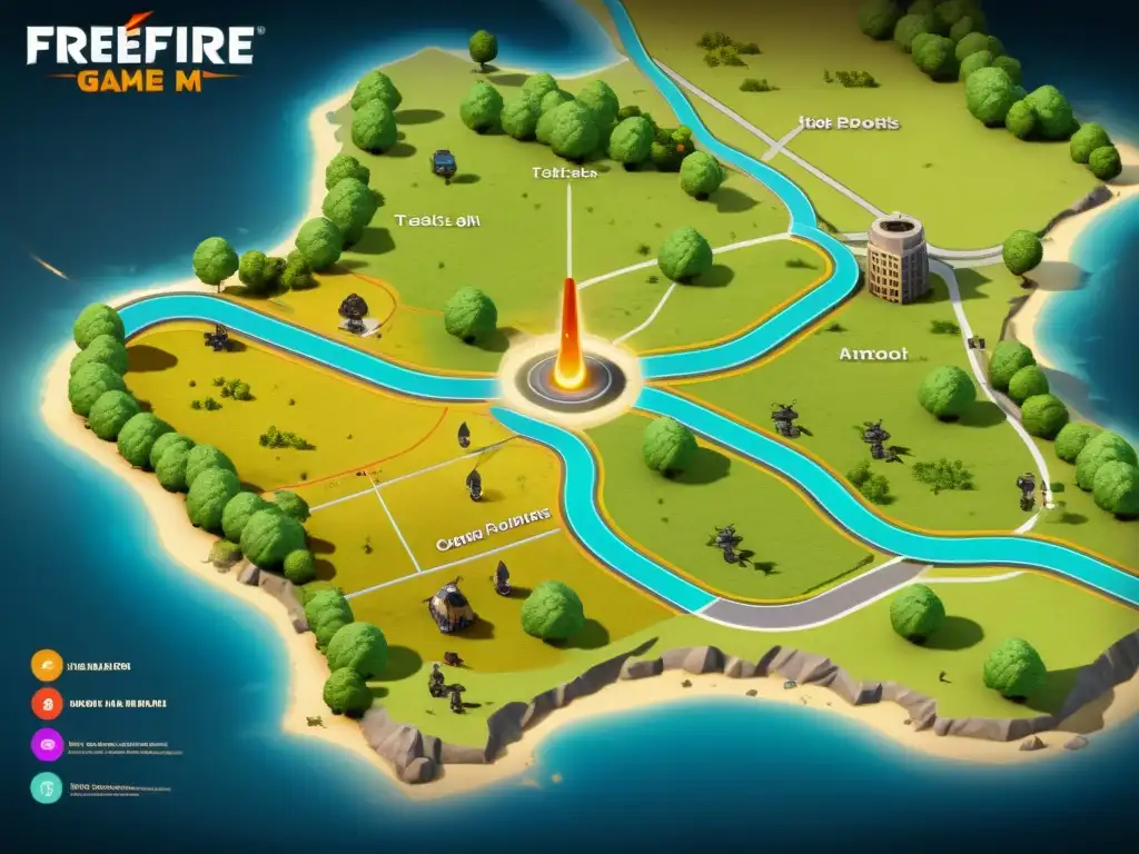 Desde arriba, se muestra el mapa detallado de FreeFire con marcadores de colores, líneas y anotaciones resaltando puntos clave