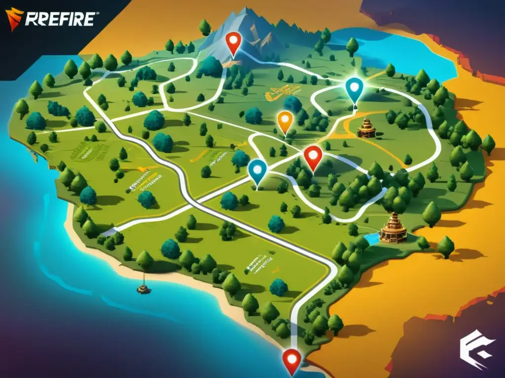 Mapa detallado de FreeFire: Rutas estratégicas en colores vibrantes Mapa detallado de FreeFire con rutas estratégicas marcadas en colores vibrantes, guiando a los jugadores hacia estrategias seguras en FreeFire