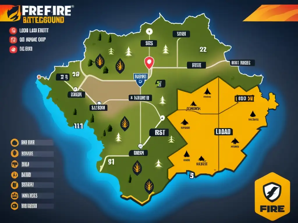Mapa detallado del terreno de Free Fire, mostrando equipamiento y armas ideales