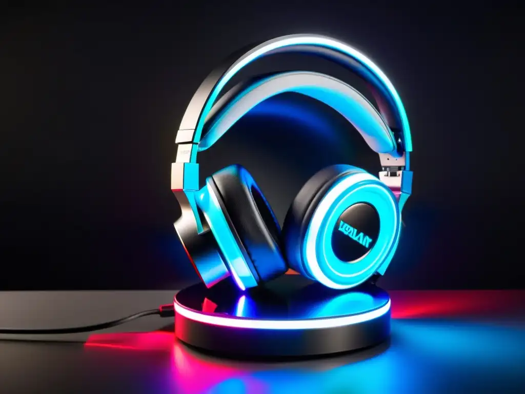 Auriculares gaming negros con LED futuristas Los mejores auriculares gaming FreeFire: modernos, con luces LED vibrantes y diseño futurista, sobre un fondo high-tech